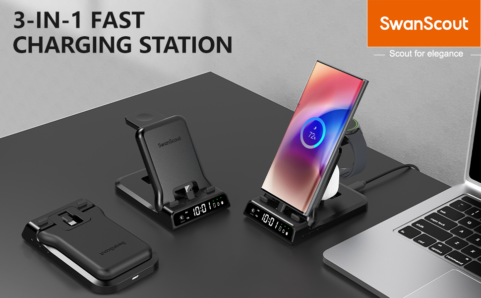 SwanScout Snellaadstation voor Samsung, 25W 3 in 1 Opvouwbare Oplader voor Samsung S24/S23/S22