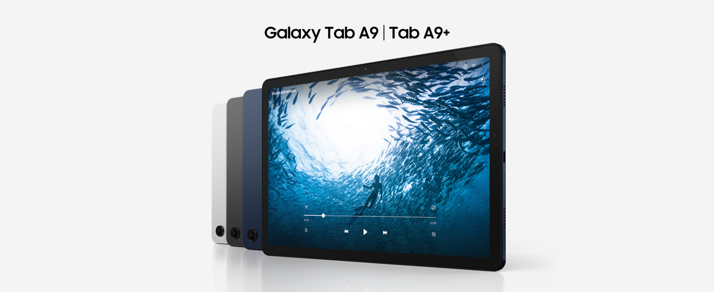 Le texte indique « Galaxy Tab A7 Tab S6 ». Plusieurs vues d'un écran de tablette montrant une scène sous-marine bleue, avec l'appareil affiché sous différents angles.
