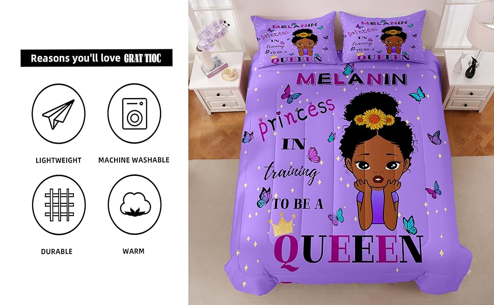 GRAT TIOC Black Girl Comforter Set Twin for Kids,Black Girl