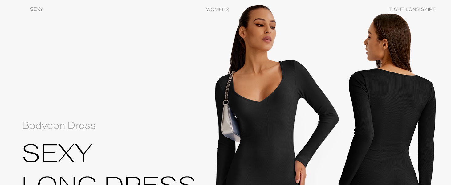 REORIA Women's Sexy V Neck Long Sleeve Maxi Dress Casual Lounge Ribbed Bodycon Long Dresses