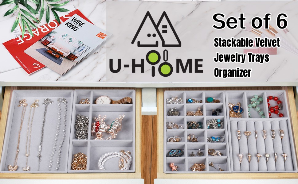 UHOOME Set of 6 Stackable Jewelry Organizer Trays for Drawers