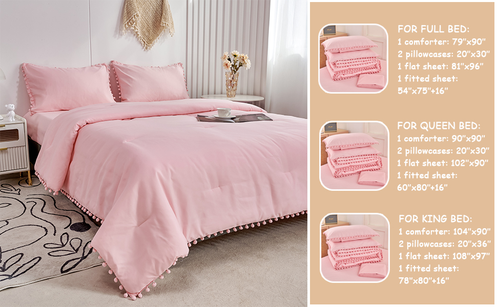 PERFEMET 5 Pcs Pink Pom Pom Comforter Boho Chic Aesthetic