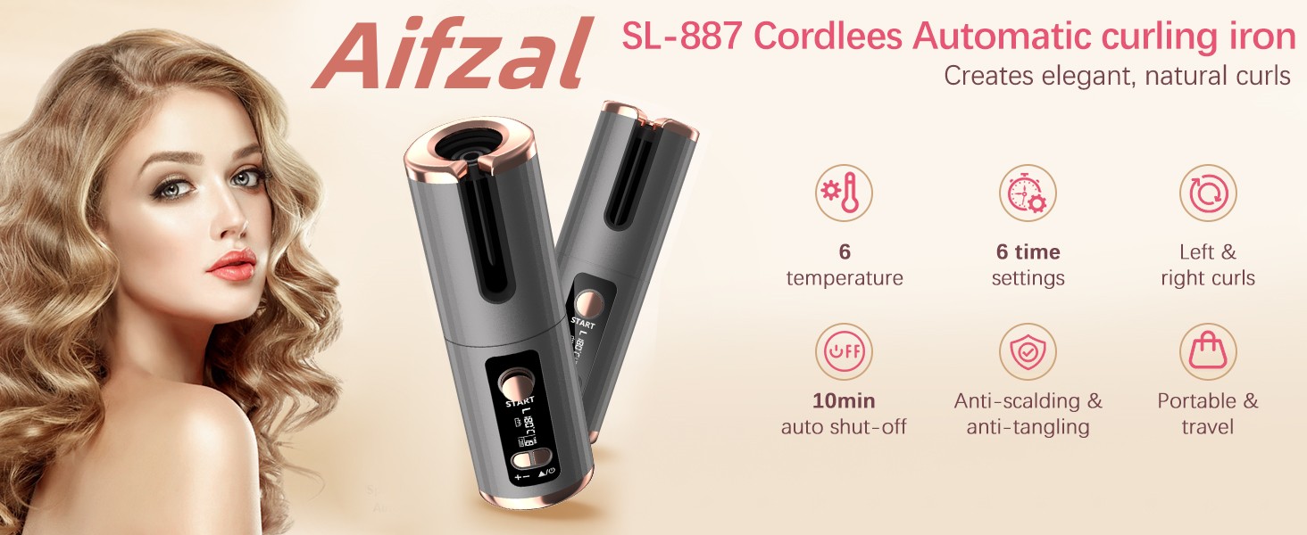 Text reads 'Aifzal 360° Cordless Automatic Curling Iron'. Product diagram showing curling iron features with multiple timer settings and temperature options indicated by icons.