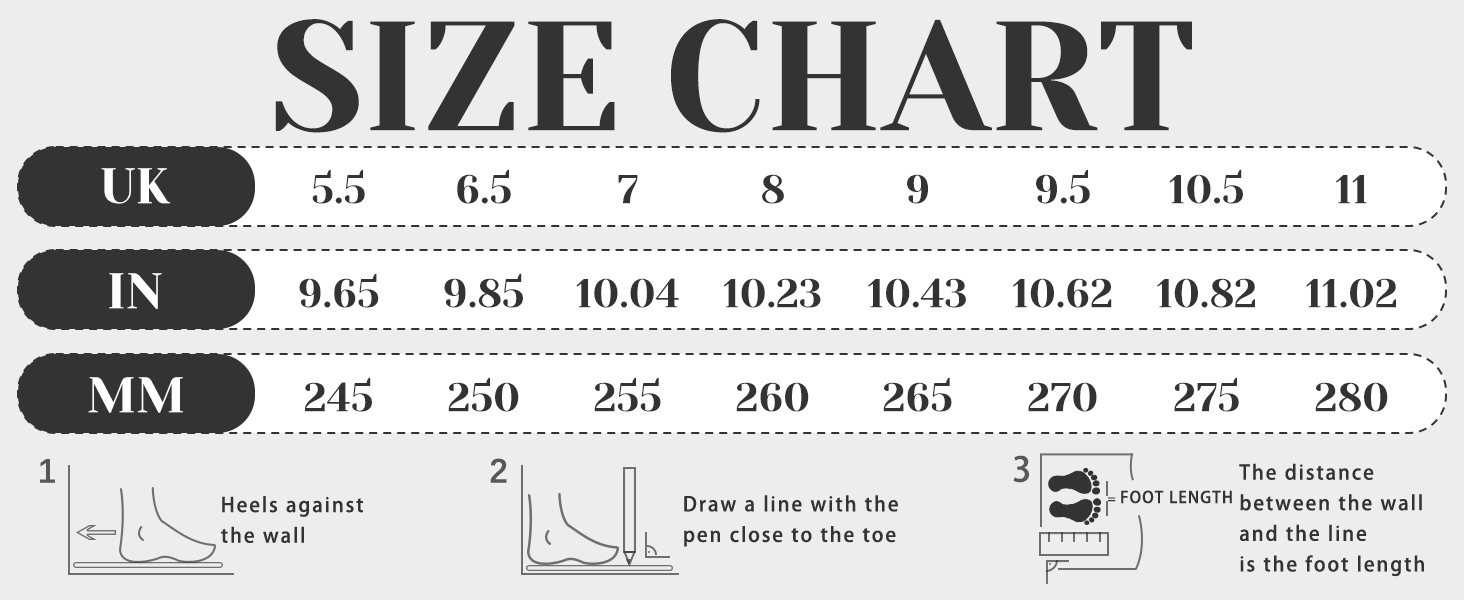 Shoe size chart displaying UK, US, and millimeter measurements. Includes foot measuring instructions and diagrams for accurate sizing.