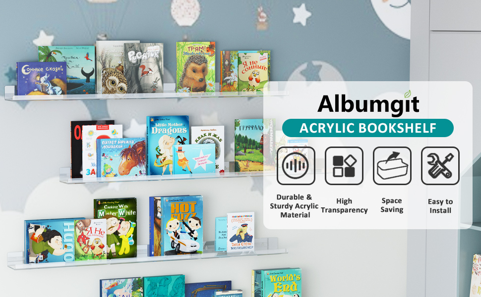 Albumgit 13.7 Inch Acrylic Floating Bookshelf, 6 Pack Clear