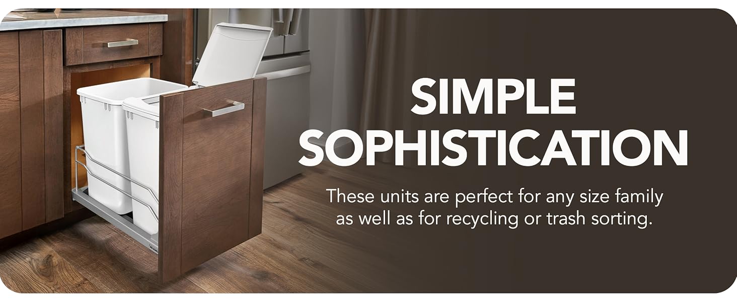 A close-up of a pullout trash can under a counter. Text reads: Simple Sophistication.