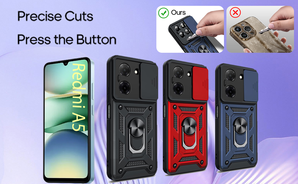 Text reads 'Precise Cuts' and 'Press the button'. Multiple panels showing mechanical device attachments with white and black components in close-up product demonstration views.