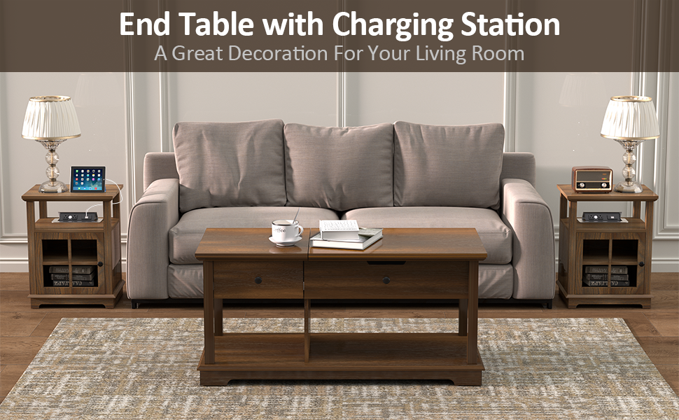 HIFYOBRO End Table with Wireless Charging Station Set of 2