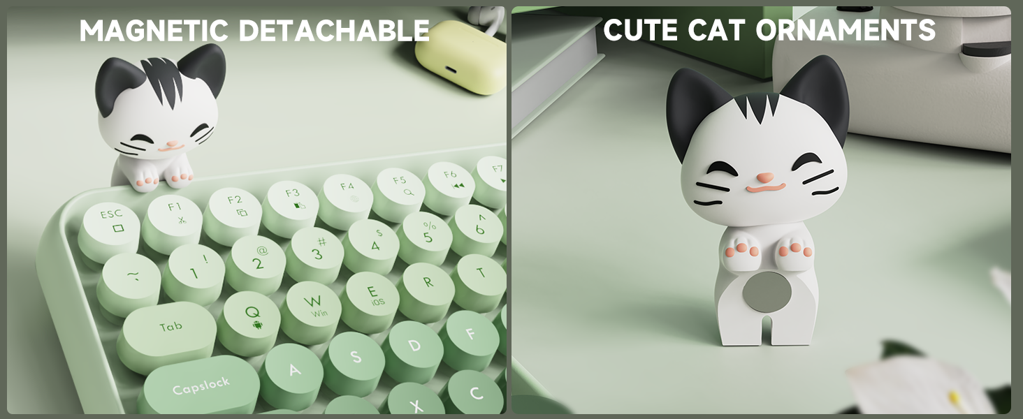 Decorative magnetic keycaps with cat design theme, showing mint green keycaps and white cat-shaped ornaments for keyboard customization