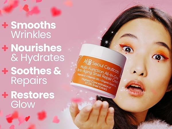 Korean Skincare Snail Mucin Moisturizer by SeoulCeuticals showcasing the cream's 4 key benefits