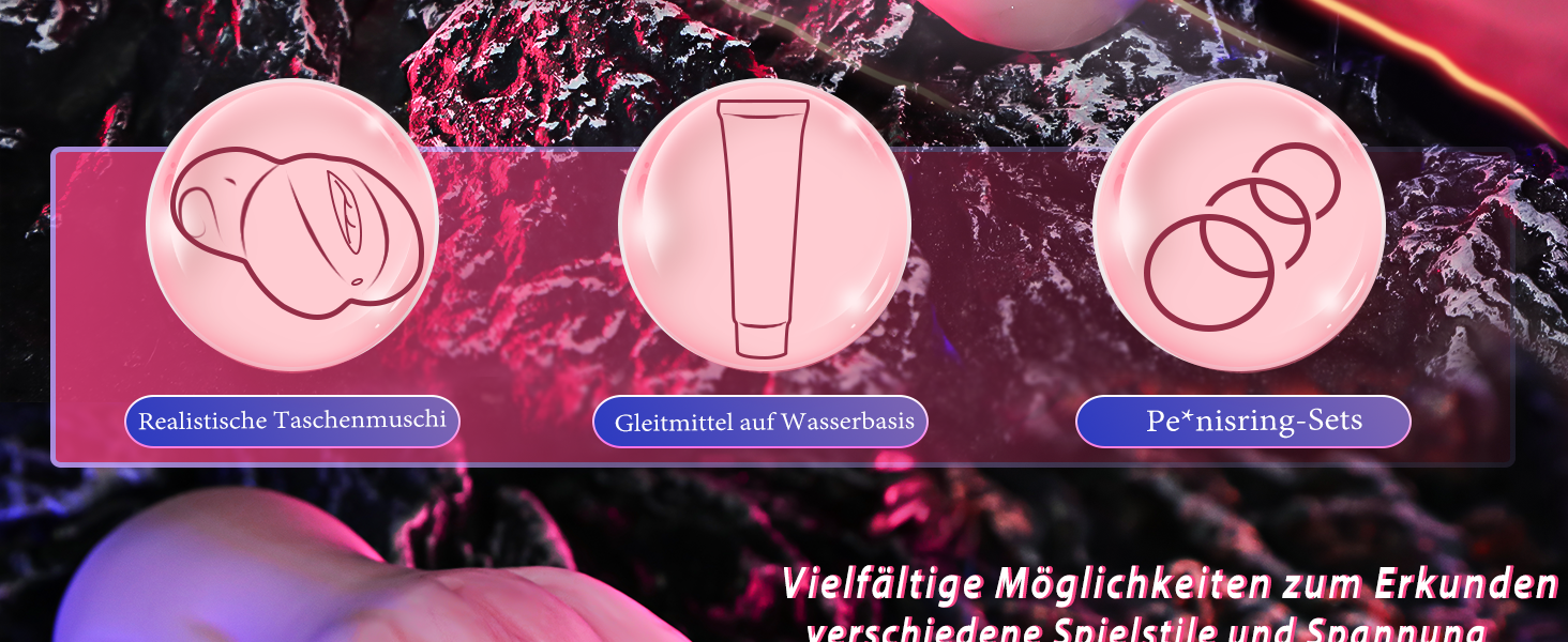 Produktwerbung mit drei rosafarbenen kreisförmigen Symbolen, die Ohrstöpsel, eine Röhre und Ringe auf dunklem Hintergrund mit deutschem Text darstellen.