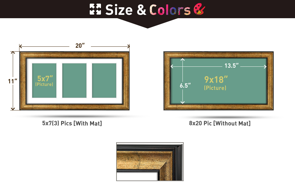 Frametory, 9x18 Picture Frame for Three 5x7 Photos, Three Opening White Mat