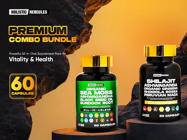 Premium Combo Bundle - Sea Moss 9000mg, Black Seed Oil 6000mg, Ashwagandha 3000mg, Shilajit 12000mg