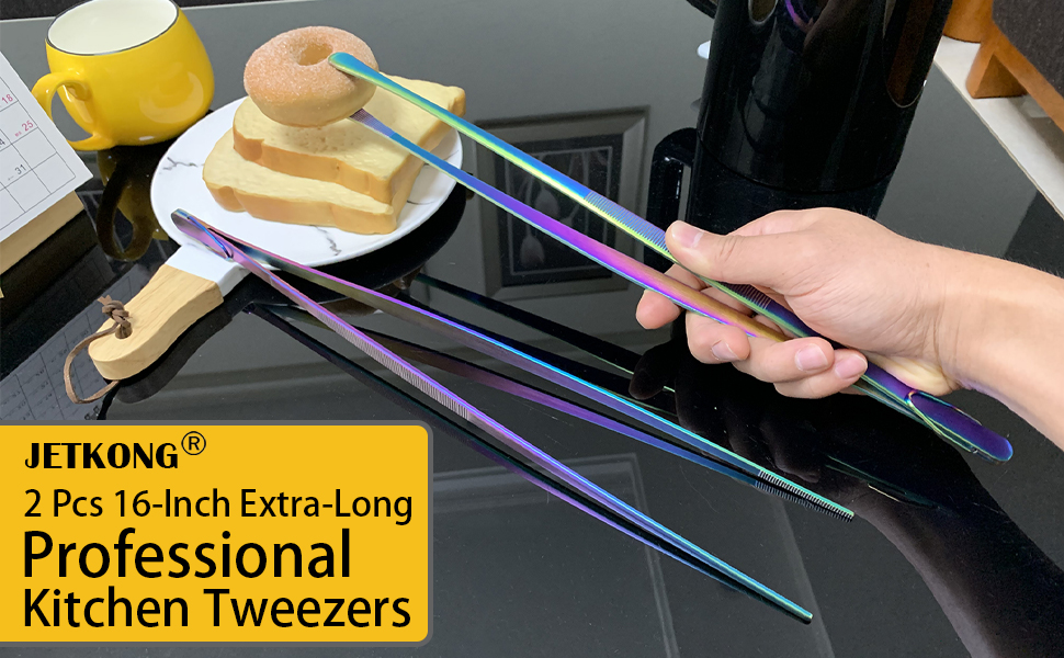 JETKONG 2 Pcs 16Inch Stainless Steel Fine Tongs Extra Long
