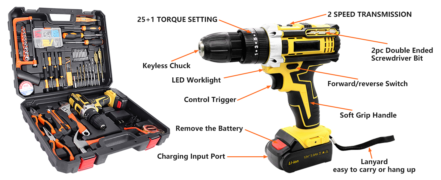 WEDTSERHA 99 Pcs Home Tool Kit with 12V Cordless Drill Set