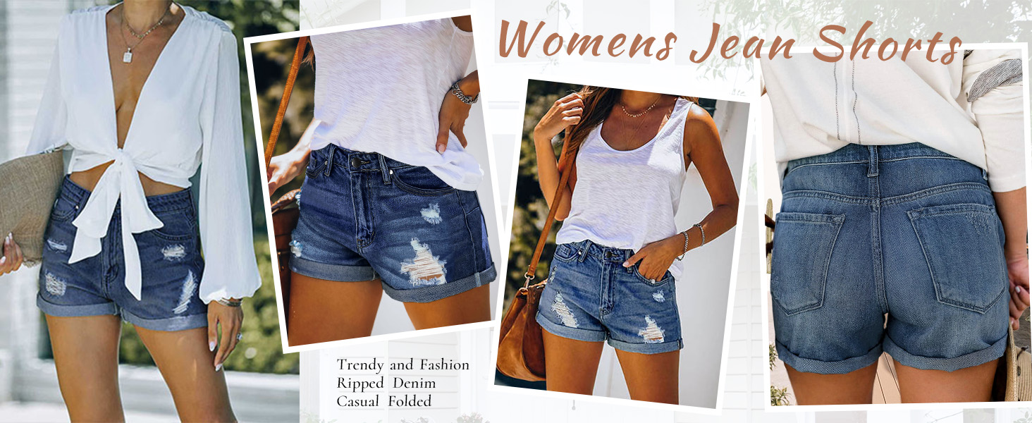 Angerella HIGH WAISTED JEAN SHORTS WOMENS ROLLED HEM DISTRESSED DENIM SHORTS