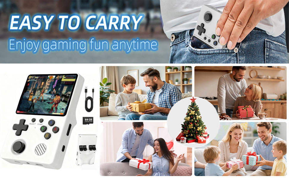Der Text lautet „EASY TO CARRY“. Mehrere Panels zeigen ein tragbares Gaming-Setup mit Controller und Bildschirm und demonstrieren die mobilen Gaming-Funktionen.
