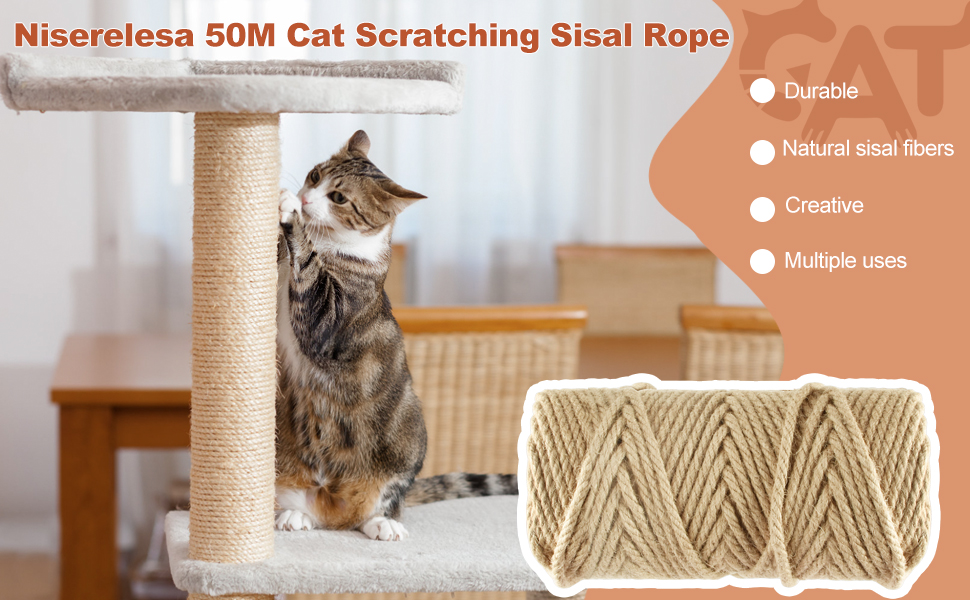 Niserelesa 50M Sisal Rope for Cat Scratchers, Cat Scratching Sisal Rope