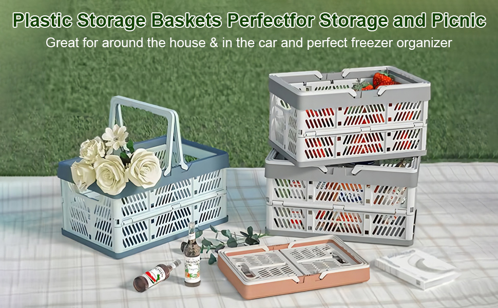 Plastic Basket with Handle, 15Liter Folding Pastel Crates