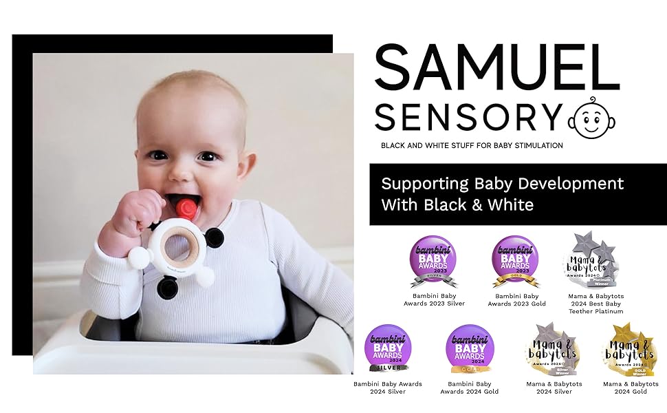 Samuel Sensory's baby sensory teether for baby development with black & white design.