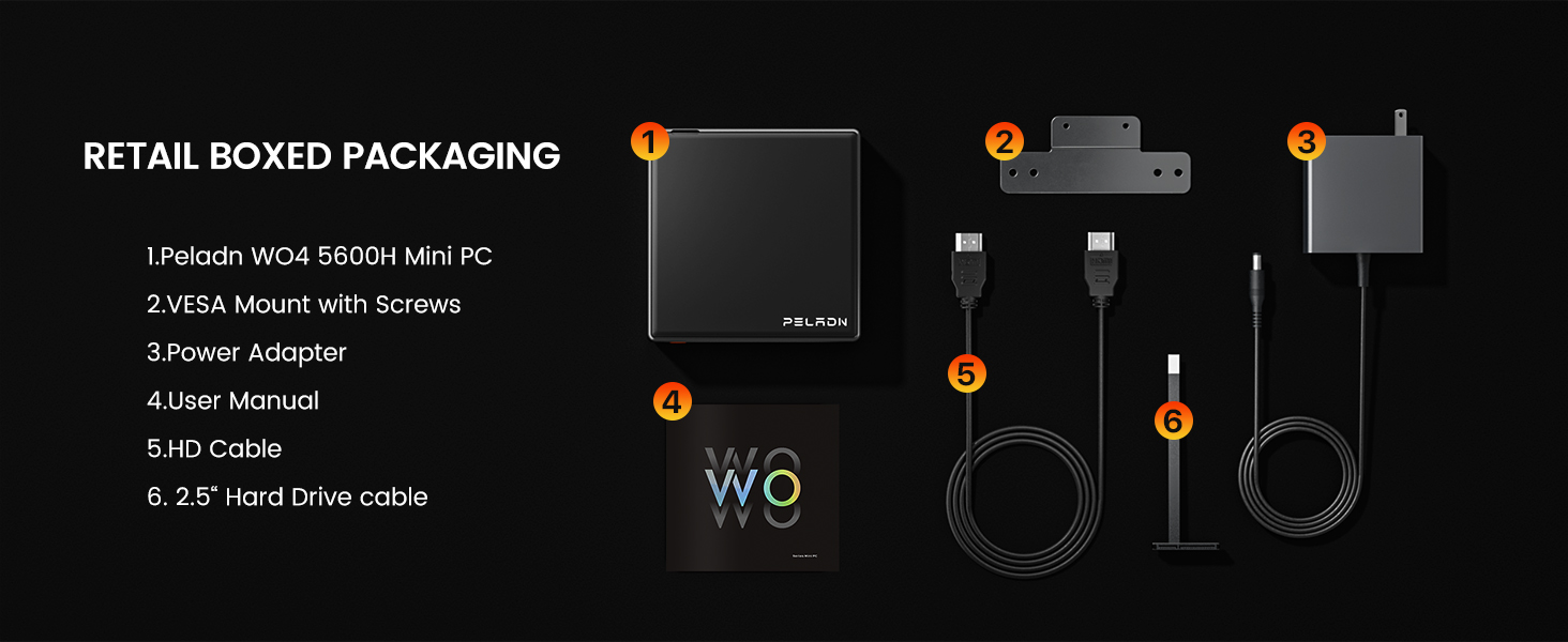 Contenido de la caja de la mini PC Peladn WO4 con accesorios incluidos