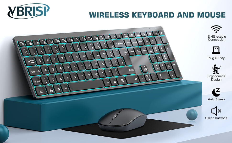 Vbrisi Wireless Keyboard and Mouse Set, 2.4GHz Wireless Mouse and