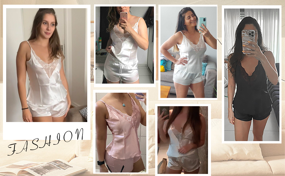 Women's Satin Silk Mesh Lace Deep V Neck Sleepwear Cami Top and Shorts 2 Piece Pajamas Set Nightwear
