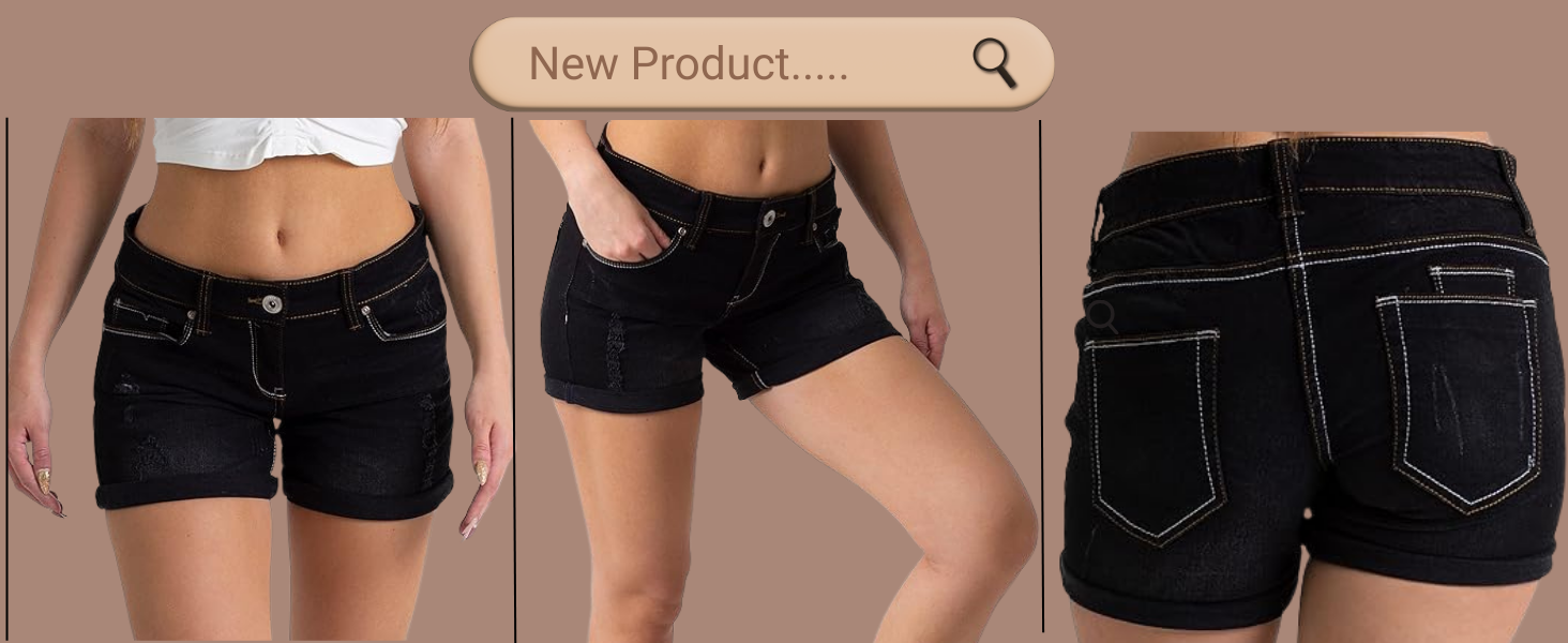 Dark denim shorts with contrast stitching, shown from front, side, and back views. Features visible pockets and belt loops. Displayed on lower body models.