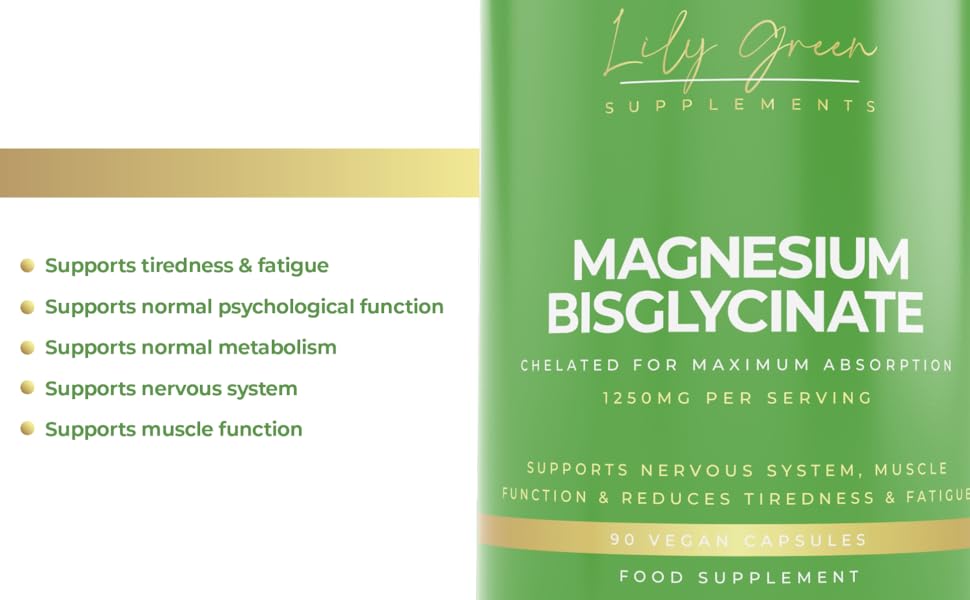 Lily Green Magnesium Bisglycinate (Glycinate) 1250mg per Serving 90