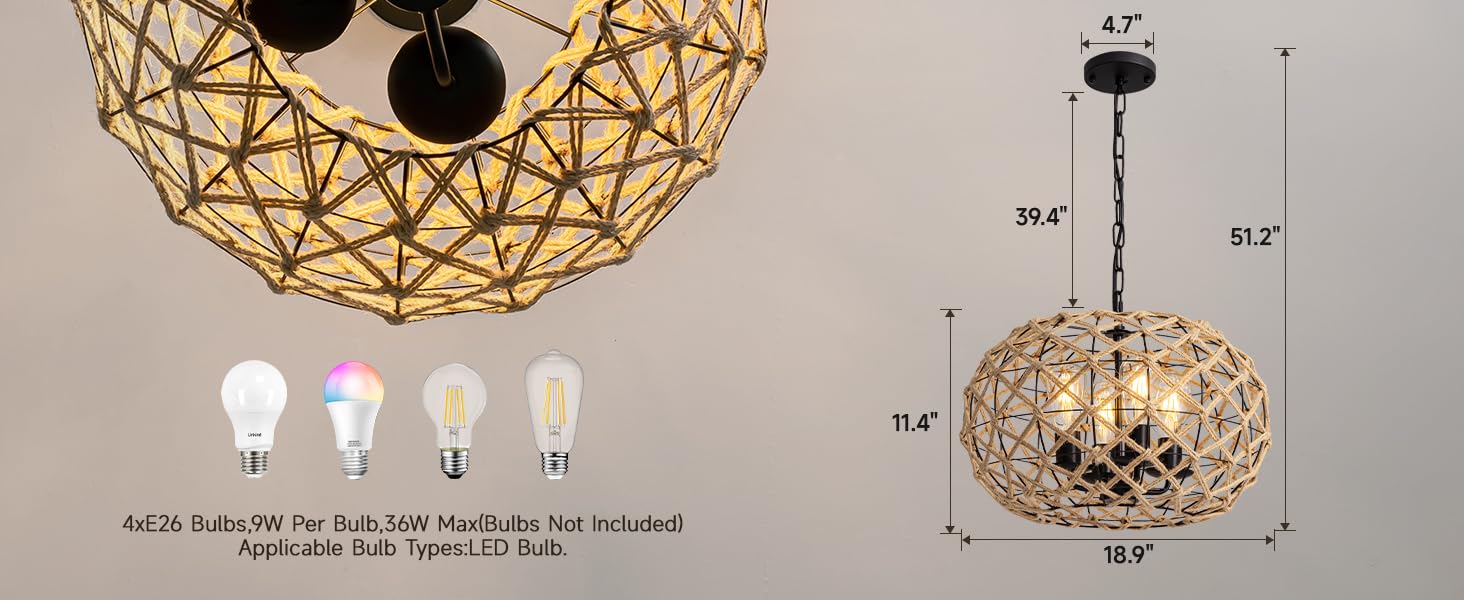 MOOONICHE Rattan Chandelier Woven Rope Pendant Light,18.9" 4Light Boho