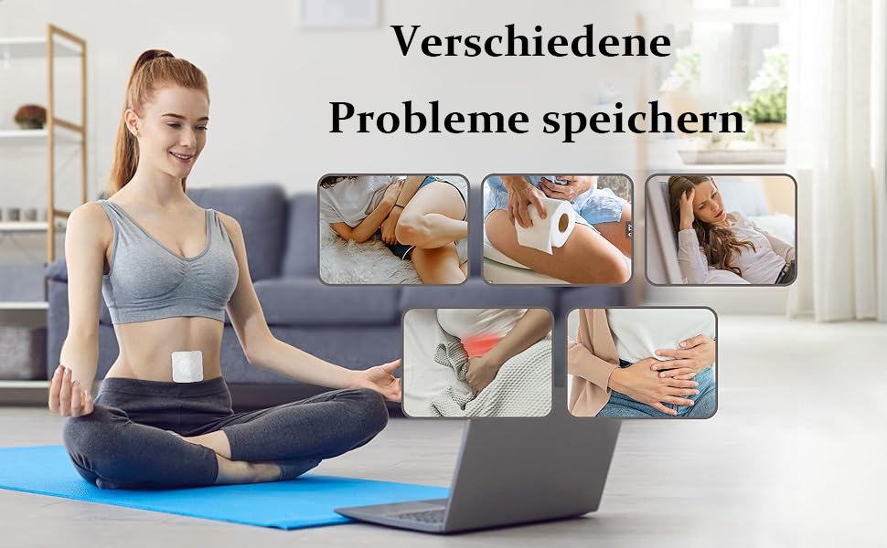 Composite image showing a woman in yoga pose with laptop, surrounded by inset images depicting various body pain areas and problems.