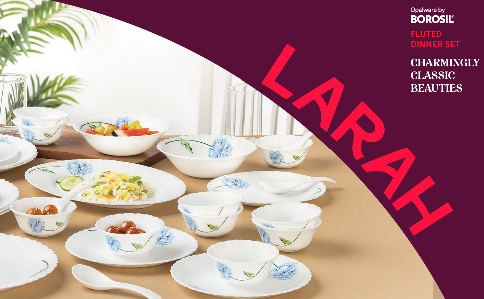 Larah by Borosil Fluted Waltz Dinner Set 36 Pieces, Opal Glass Dinner