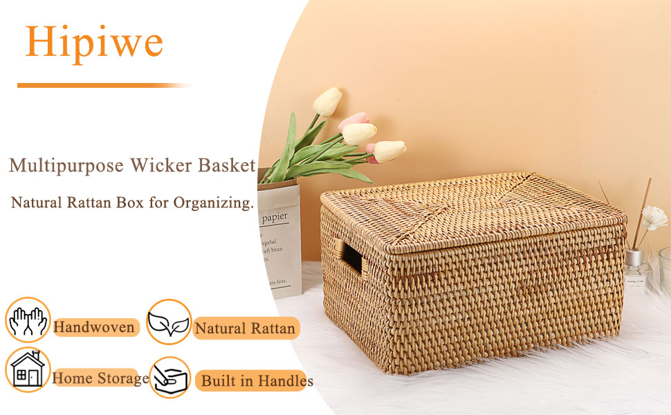 Wicker Storage Basket with LidRattan Basket With Lid for Organizing Large Wicker Basket for Storage