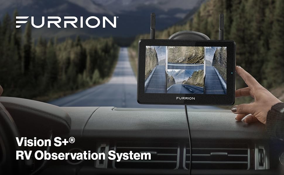 Furrion Vision S+ RV Observation System monitor mounted on an RV dashboard
