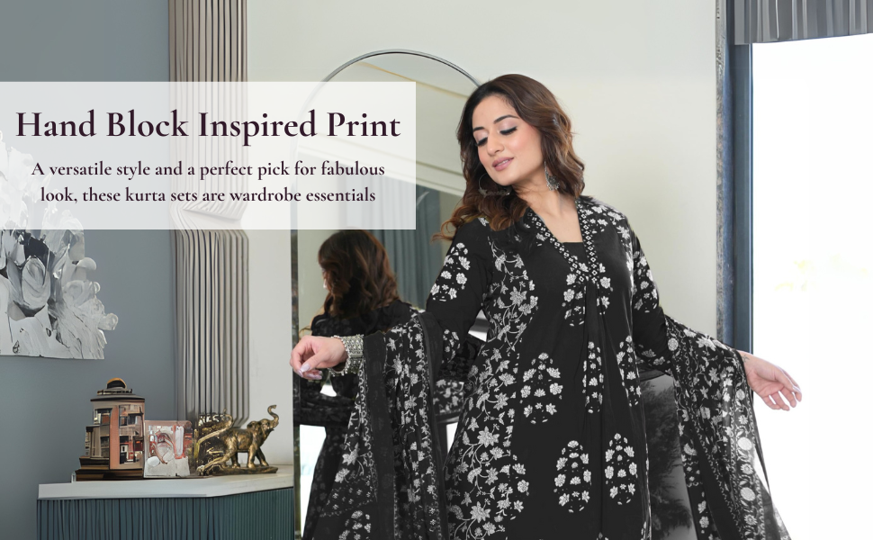 Arayna Women's Pure Cotton Block Printed Ethnic Wear Kurta Set with Palazzo Pants & Dupatta