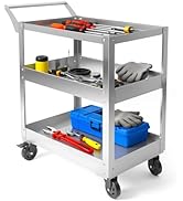 3-Tier Stainless Steel Utility Cart, 1100 lbs Heavy Duty Service Cart with Wheels, Rolling Tool C...