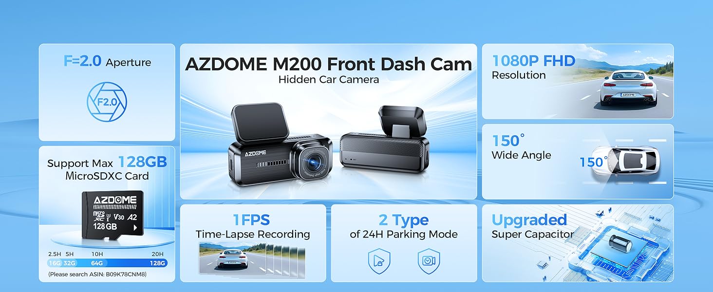 M200 hidden dash cam for car with 150° wide angle 24H parking mode