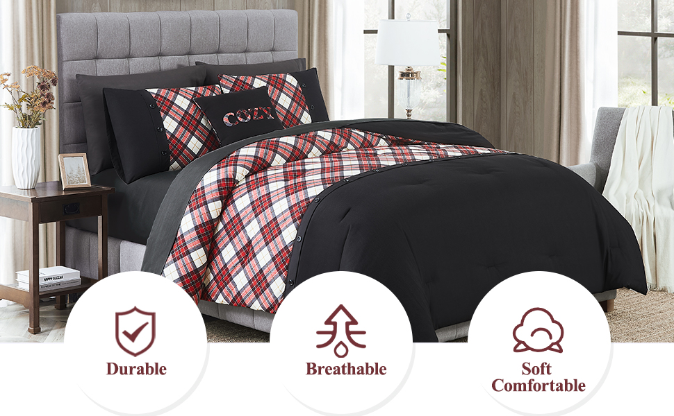 WRENSONGE Plaid Twin Comforter Set, 6 Pieces Red Printed