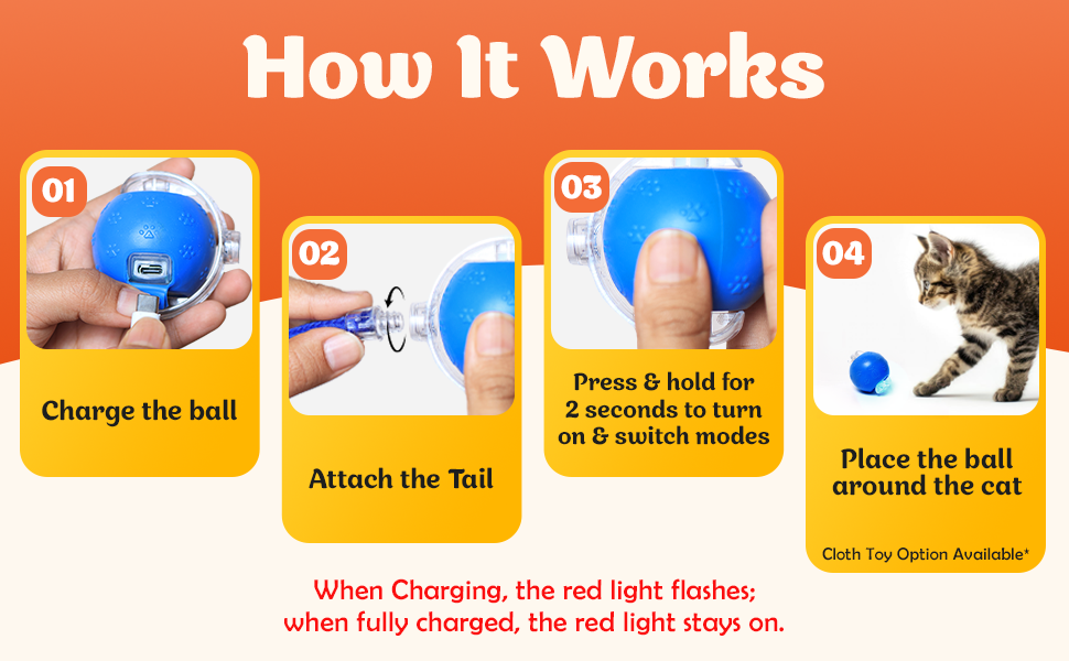 Step-by-step guide for cat toy: charge, attach tail, turn on, and play.