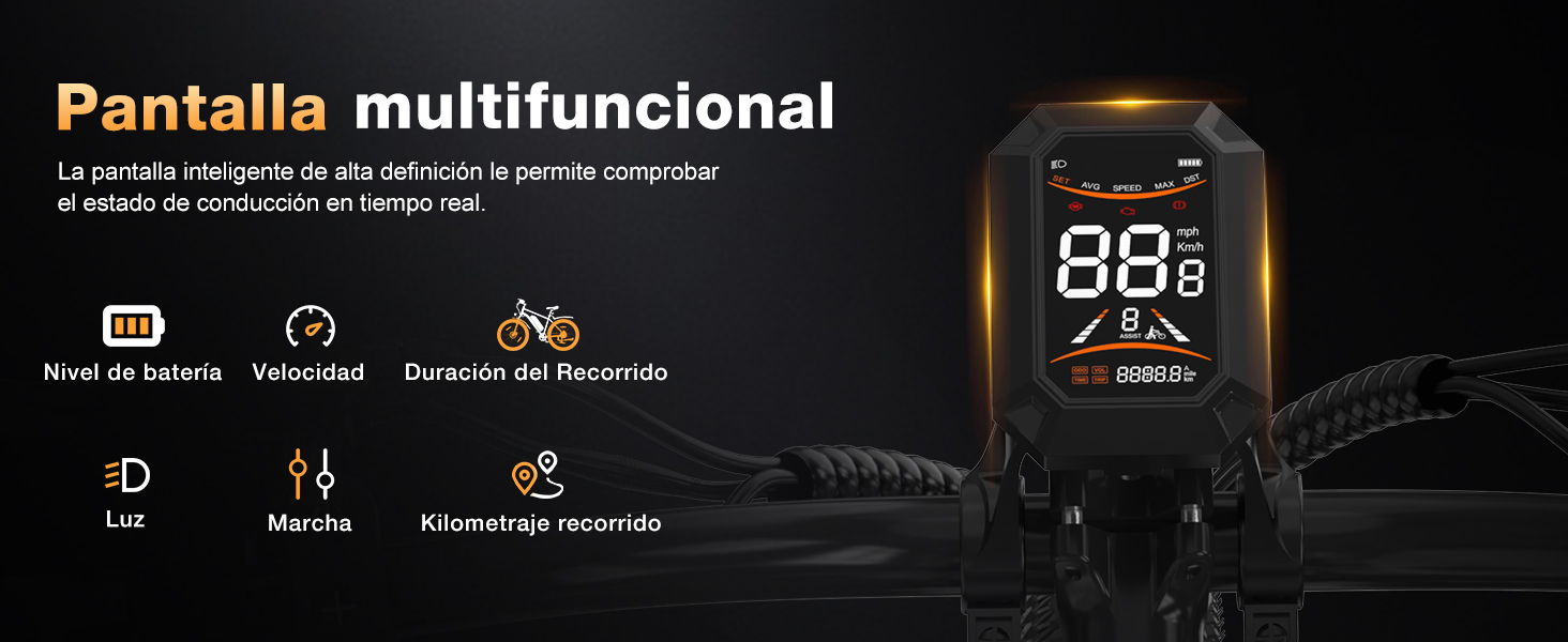 El texto dice «Pantalla multifuncional». La interfaz oscura muestra varios iconos de funciones, como «Luz» y «Música», y el indicador de batería muestra el 88%