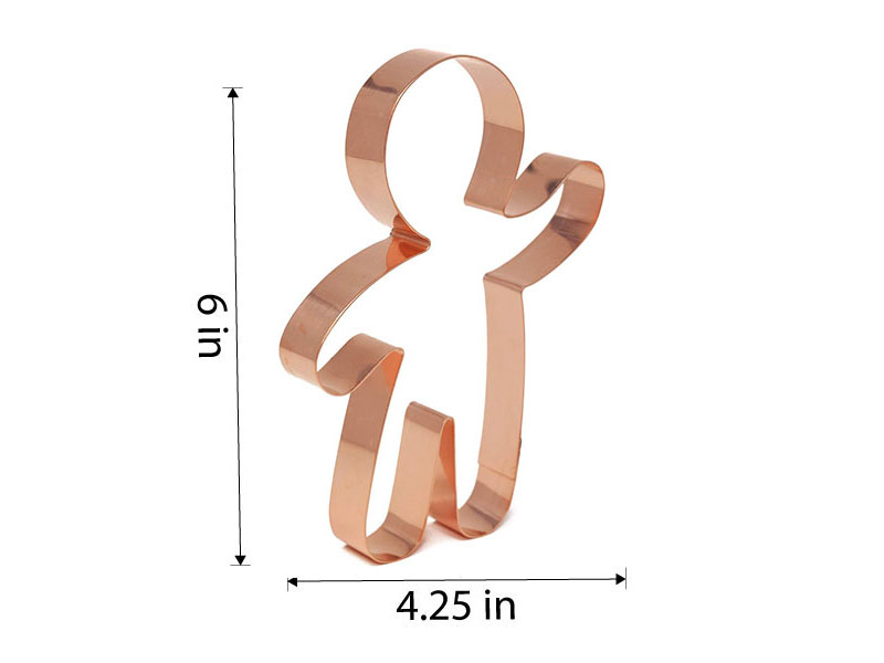 Copper Gingerbread Boy Cookie Cutter measuring 6 inches tall and 4.25 inches wide, Made in USA