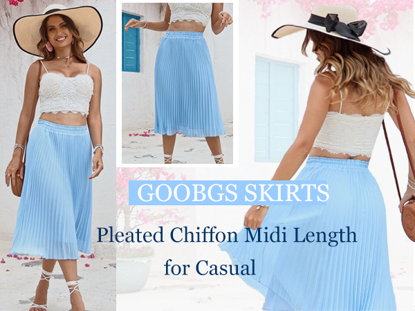GOOBGS Women's Pleated A-Line High Waist Swing Flare Midi