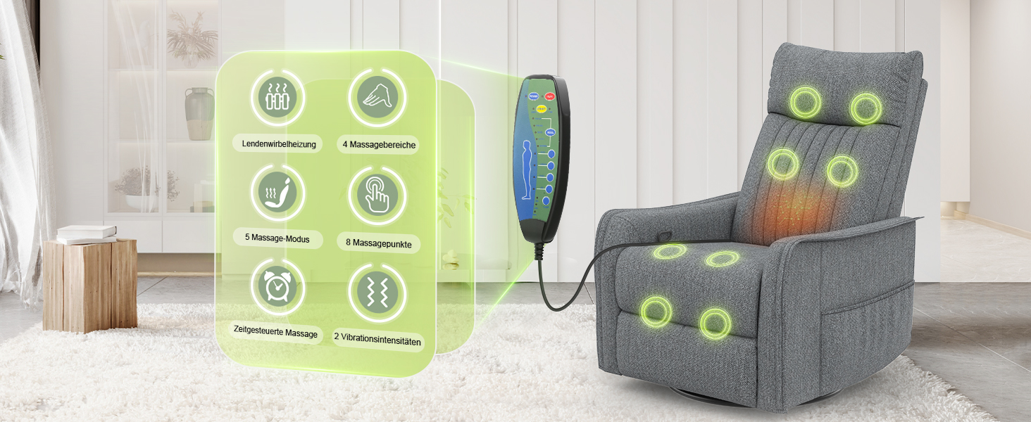 Grauer Massagesessel mit Heizelementen, abgebildet neben dem Bedienfeld mit sechs hellgrünen Massagemodus-Symbolen