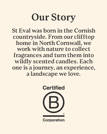 Text description of St Eval, a company making scented candles in North Cornwall. Includes their story and B Corporation certification logo.