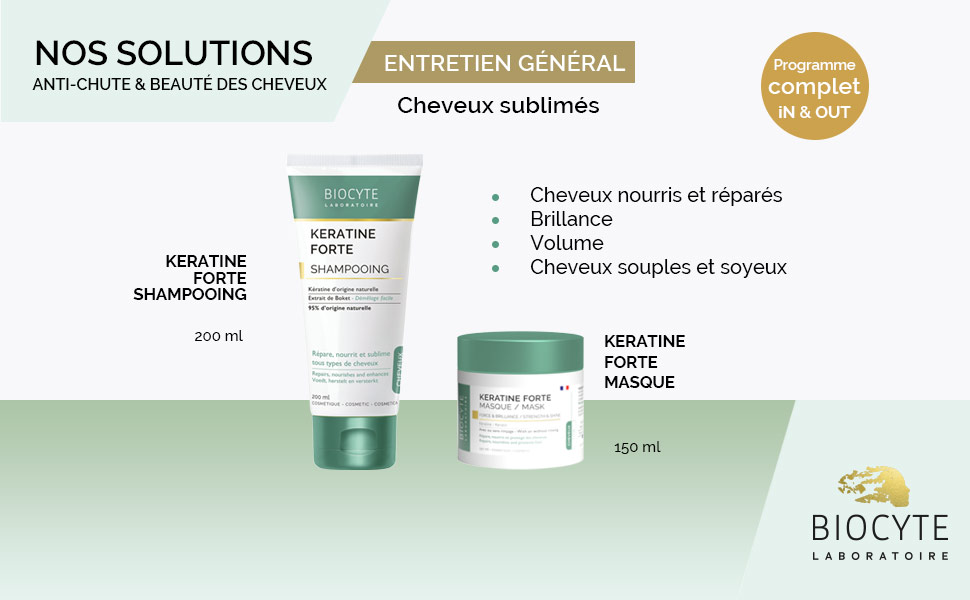 Biocyte comprenant un shampooing et un masque à la kératine forte, affichés sur fond vert menthe avec texte en français