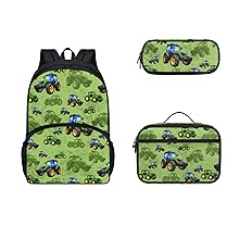 Green Tractors Backpack Set for Kids Schoolbag with Lunch Bag and Pen Case
