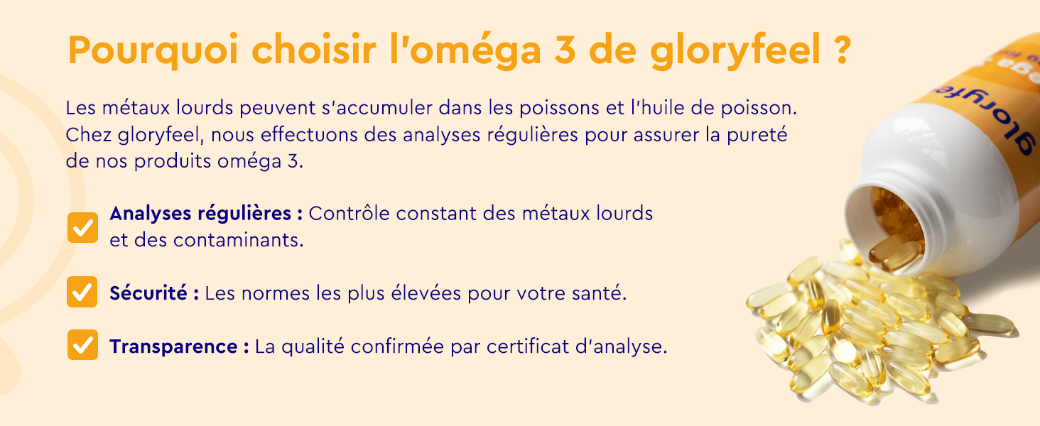 Ouvrez un flacon de suppléments d'oméga-3 avec des gélules dorées qui débordent, à côté d'un texte en français décrivant la qualité du produit et les normes de test
