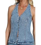 D-Sun Women Sleeveless Denim Vest Denim Halter Top Tie Backless Button Down Y2K Strapless Front S...