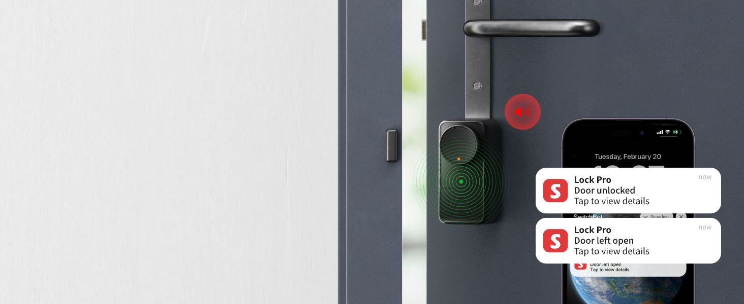 Smart lock system with mobile app interface. Shows a door handle and smartphone displaying lock status notifications.