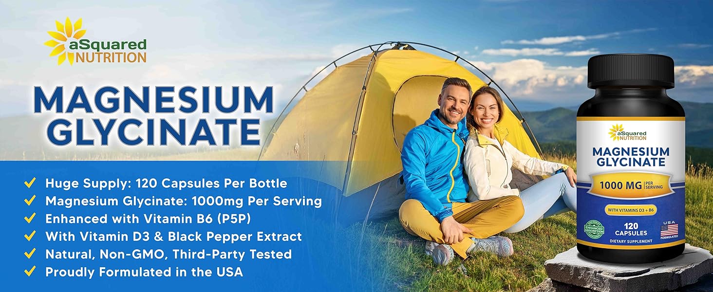 aSquared Nutrition Magnesium Glycinate 1000mg formula enhanced with Vitamin D3 and B6.
